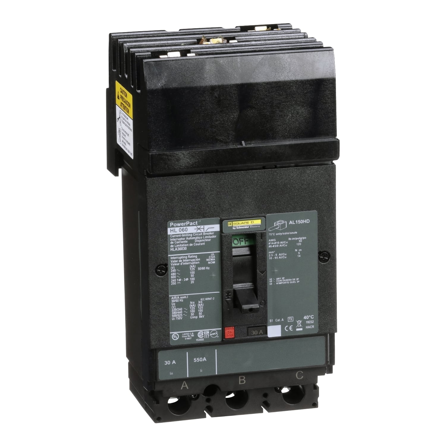 Circuit breaker, PowerPacT H, 30A, 3 pole, 600VAC, 50kA, I-Line, thermal magnetic, 80%, ABC