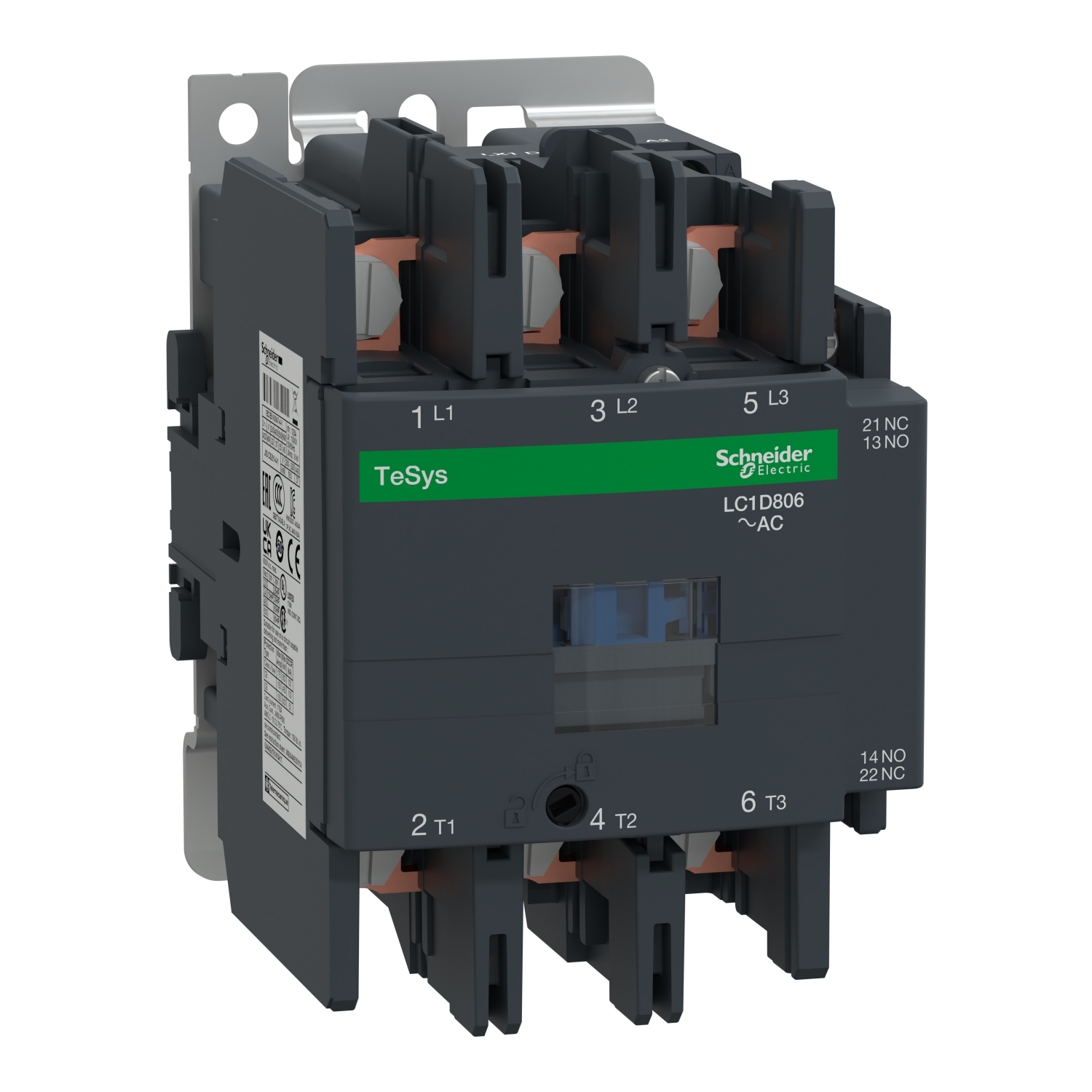 IEC contactor, TeSys Deca, nonreversing, 80A, 60HP at 480VAC, 3 phase, 3 pole, 3 NO, 208VAC 50/60Hz coil, open style