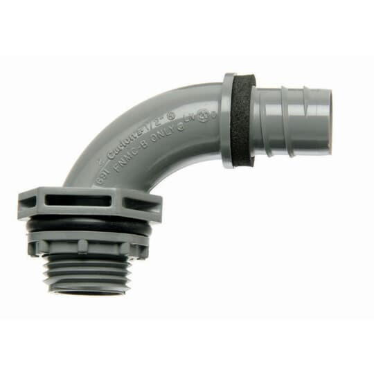 1/2 Inch, 90 Degree, One-Piece Liquidtight Non-Metallic Fitting, CSA, UL E32447, Temperatures up to 60 Degrees C, PVC, In Carton, Grey