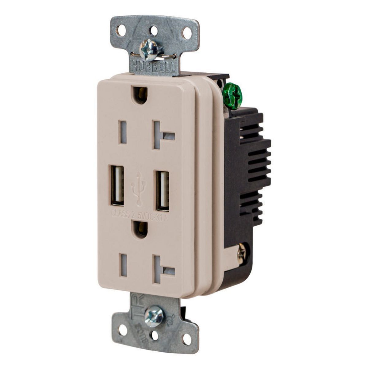 USB Charger Duplex Receptacle, 20A 125V,2-Pole 3-Wire Grounding, 5-20R, 2) 3.1 A USB Ports, Brown