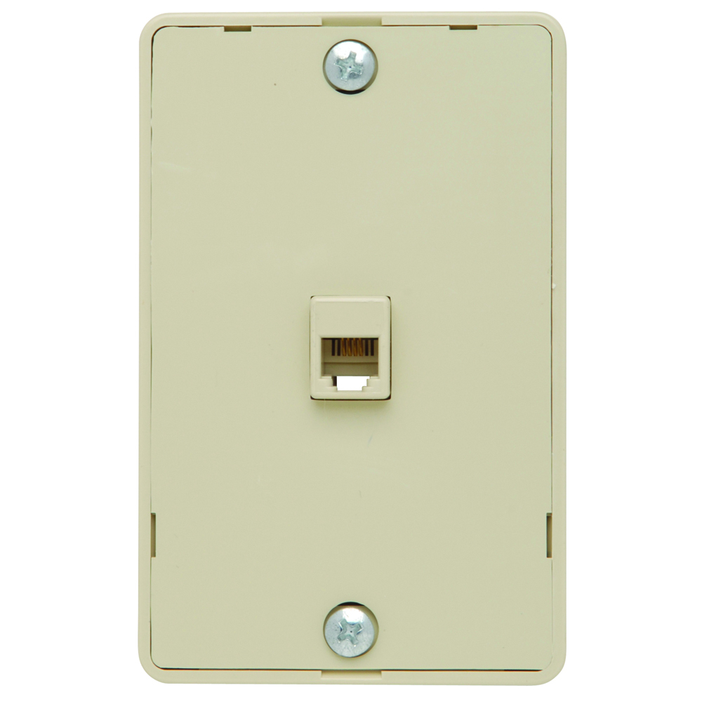 Four conductor modular wall mount telephone jack for hanging phones. Ivory.