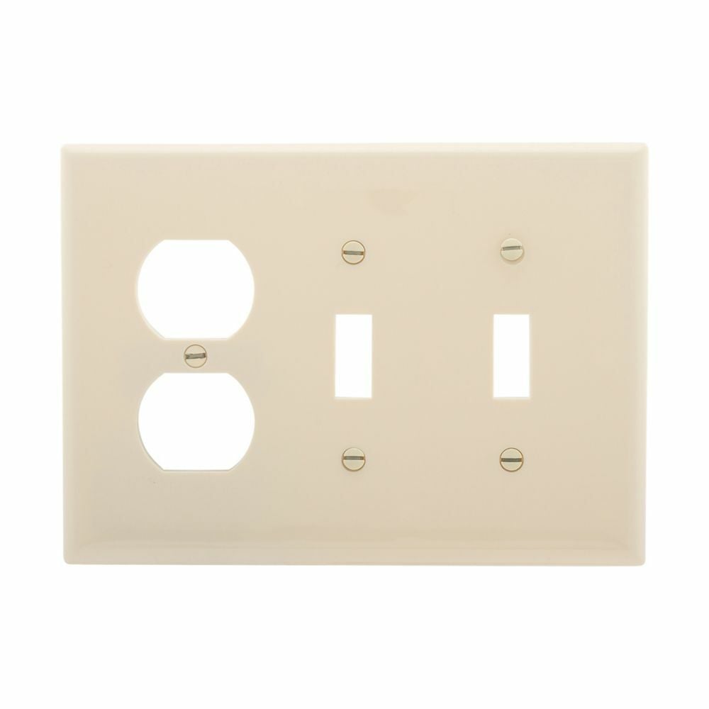 Eaton Combination wallplate, Almond, Toggle, Toggle, Duplex receptacle Cutout, Polycarbonate, Three- gang, Mid-size