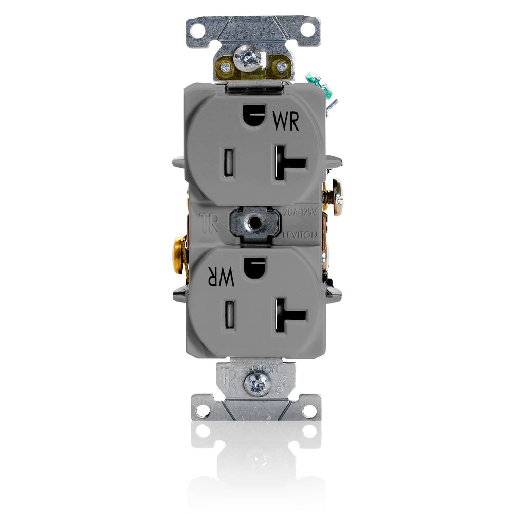 20 Amp, 125 Volt, Duplex Receptacle, Tamper and Weather Resistant, Straight Blade, Industrial Grade, Self Grounding, Gray