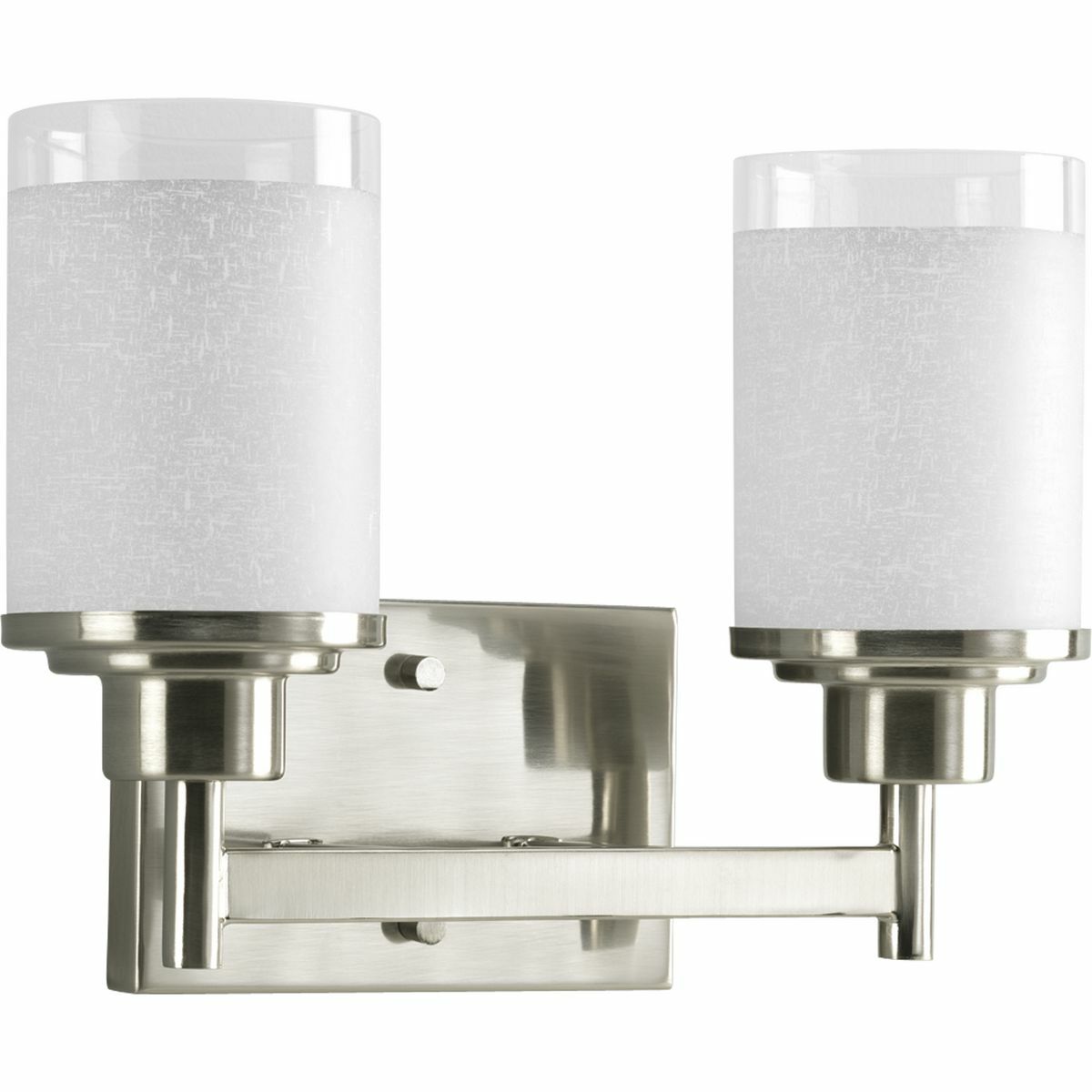 Create the sophisticated feel of modern, urban living in your home with this two-light bath fixture from the Alexa Collection. Visually interesting white linen finished glass with a crisp clear edge accent is complemented by a pleasingly simple Brushed Nickel frame. If you desire a vintage mid-century modern look, the Alexa Collection is just for you.