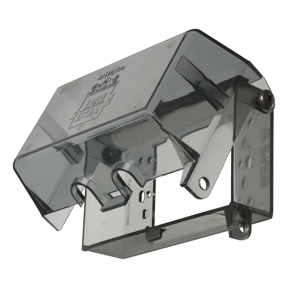 Dri-box adapter with non metallic cover and base. Accepts any wiring device and standard sized wall plate for a versatile NEMA 3R rated installation. Adapter is for a vertically mounted single gang box and has a clear cover. The depth is 2.9".