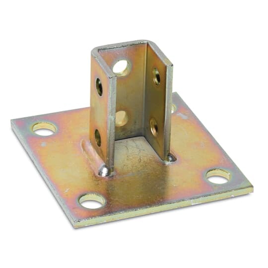 Connector Square Post Base, 6 Inch Square Base, Length of Connector 3-1/2 Inches, Width of Connector 1-9/16 Inch, Steel with 3/4 Inch Holes on 1-1/2 Inch Centers