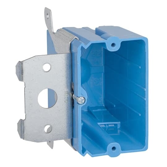 High Heat Single Gang Adjustable Box, Volume 21 Cubic Inches, Height 3.6 Inches, Width 2.35 Inches, Depth 3.59 Inches, Material Polyester, Color Blue, Mounting Adjustable Bracket Wood/Steel Stud