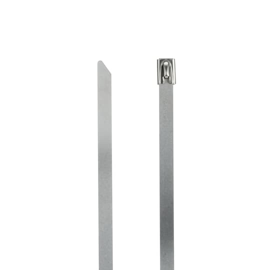 Ball-Lock 304 Stainless Steel Cable Tie, Uncoated, for Temperatures up to 300 Degrees Celsius (572 F) for Indoor and Outdoor Applications, Suitable for High Temperature Environments, UL/EN/CSA62275 Type 2S Rated for AH-1 Plenum, Length of 360mm (14.2 Inches), Width of 7.75mm (0.305 inches), Thickness of 0.25mm (0.01 Inches), Tensile Strength Rating of 2002 Newtons (450 Pounds)