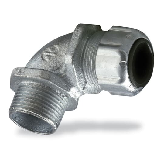 Liquidtight Strain Relief Connector, 1/2 Inch, 90 Degree Bend, Cord Range 0.125 to 0.375 Inch, Throat Diameter 19/32 Inch, Malleable Iron Body, Steel Gland, Plastic Grip, Santropene Bushing