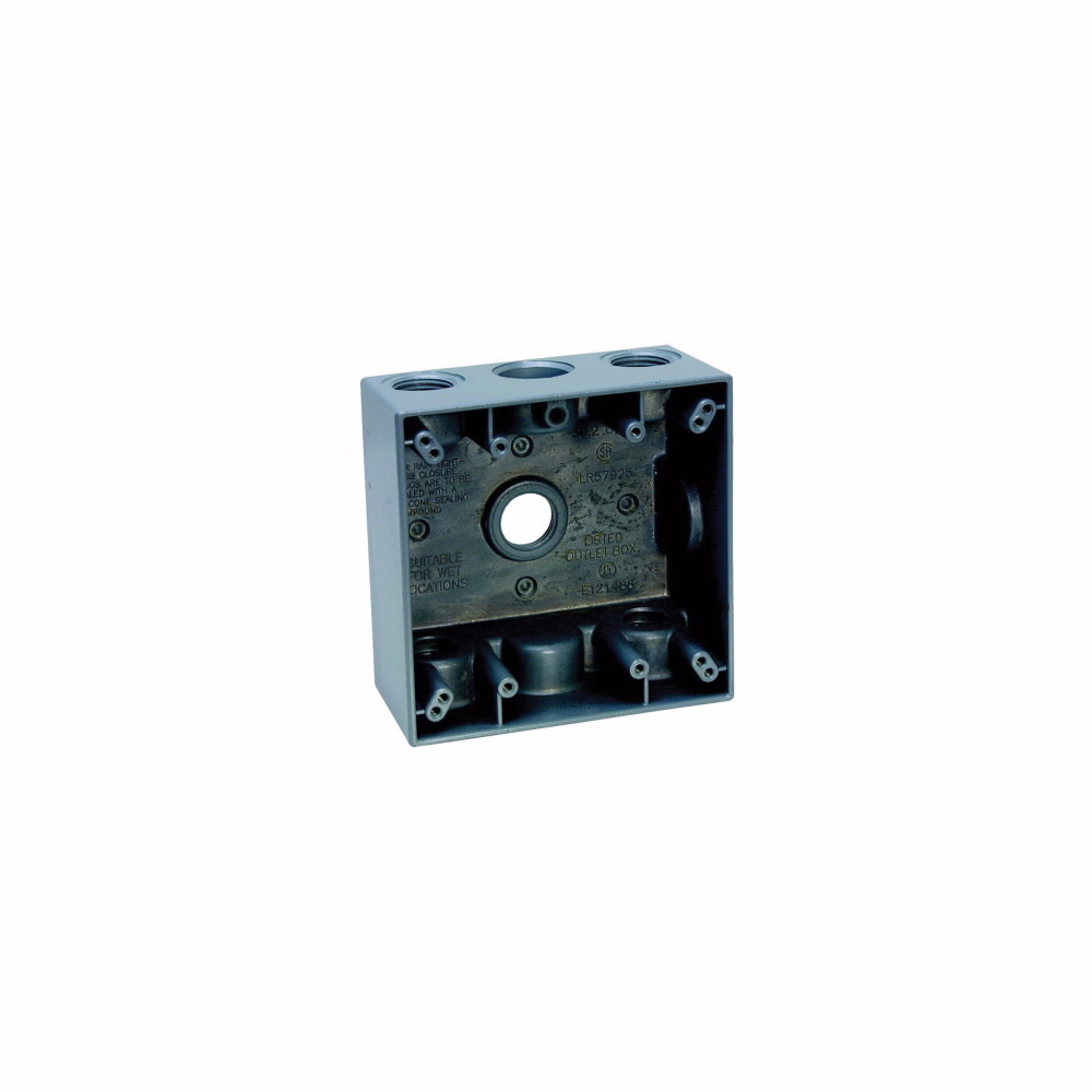 Eaton Crouse-Hinds series weatherproof outlet box, 30.5 cu in, Gray, 2" deep, Die cast aluminum, Two-gang, (5) 1/2" outlet holes, one hole in the back and bottom, three holes across the top