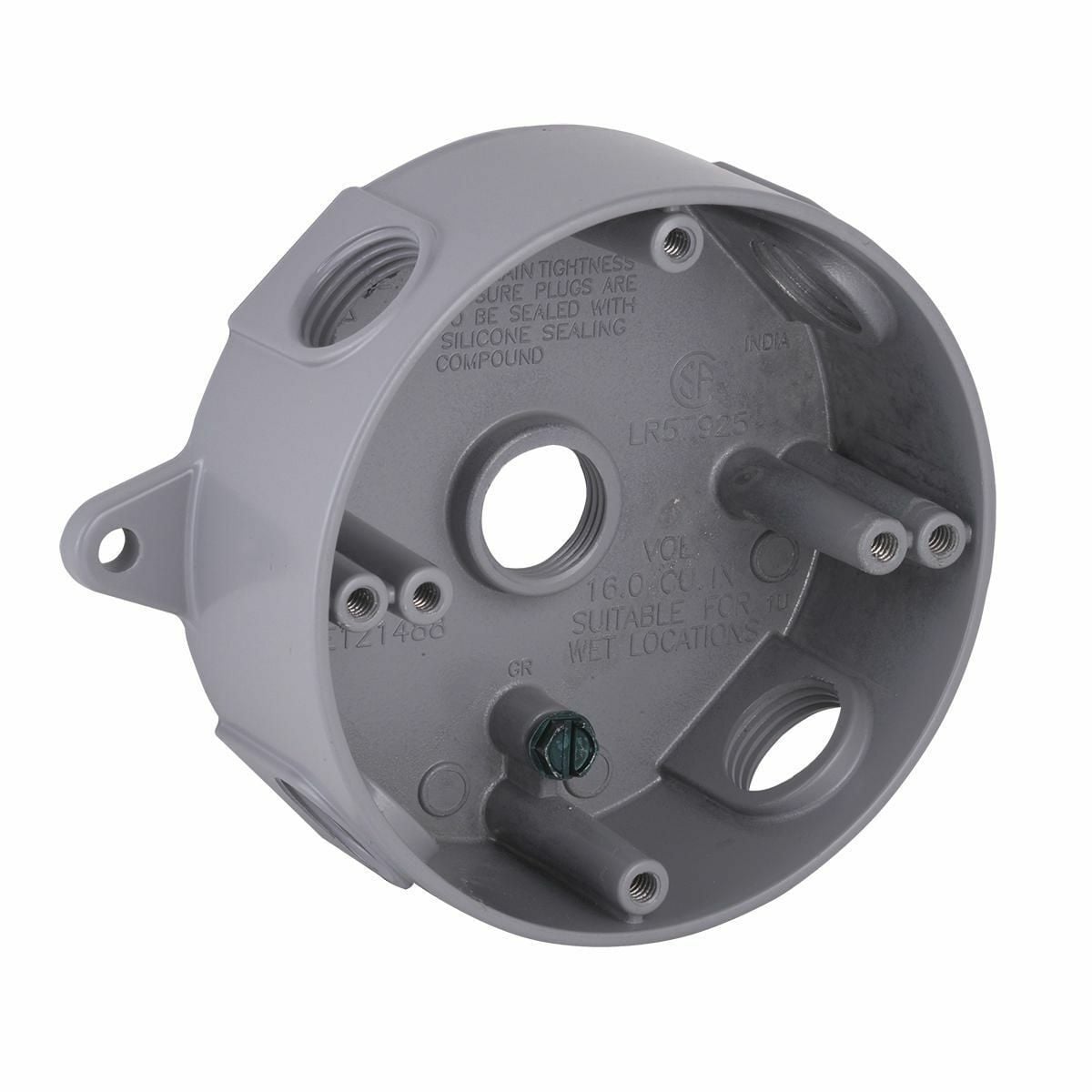 1-1/2 In. Deep - Gray Five Threaded 1/2IN Outlets - 4 In. Round SpliceBox
