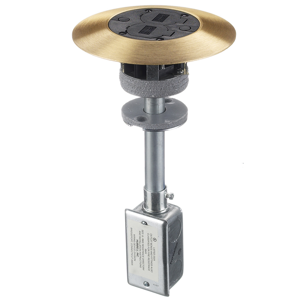 In-Floor Delivery Systems, Fire-Rated Poke-Throughs, Flush Duplex Series, Complete Unit With 20A Duplex, (2) 1/2" Diameter Holes for Low Voltage Wiring, Black/Brass Finish