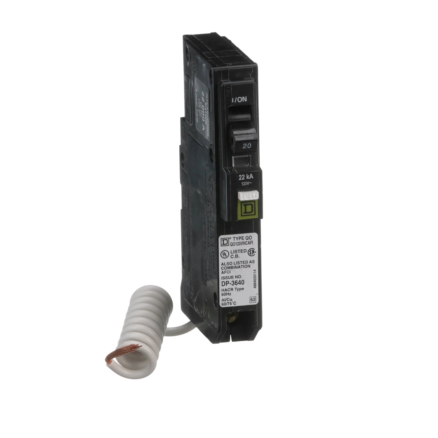 QO120VHCAFI Miniature Circuit Breaker, 20 Amp, 1 Pole, 120/240V