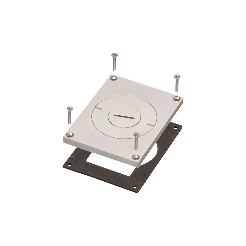 Plated Nickel, single gang cover with furniture feed inserts. Includes gasketed cover with combo 2" and 3/4" threaded holes and (4) mounting screws.