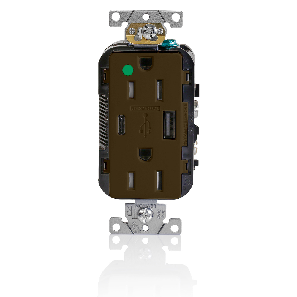 Combination Hospital Grade Duplex Decora Tamper-resistant Receptacle And USB Charger Type A-C. 15A-125V, 2 Pole, 3-Wire Grounding. Brown. NEMA 5-15R. One Type-c And One Type-A USB Connectors.