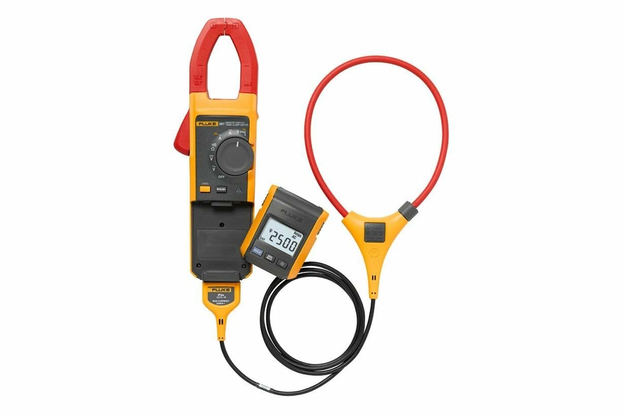 All the bells and whistles. The Fluke 381 is the first clamp meter with a detachable, remote display and iFlex flexible current probe for easier, faster, safer measurements. Be ready for anything. The Fluke 381 does everything you would expect from a clamp meter, and then lets you remove the display for even more flexibility. Now one technician can do jobs that used to require two people. Clamp the Fluke 381 around a conductor, remove the display and walk across the room to operate controls or remove protective equipment, all while watching real-time readings. The iFlex flexible current probe (included) expands the measurement range to 2500 A ac while providing increased display flexibility, ability to measure awkward sized conductors and improved wire access.