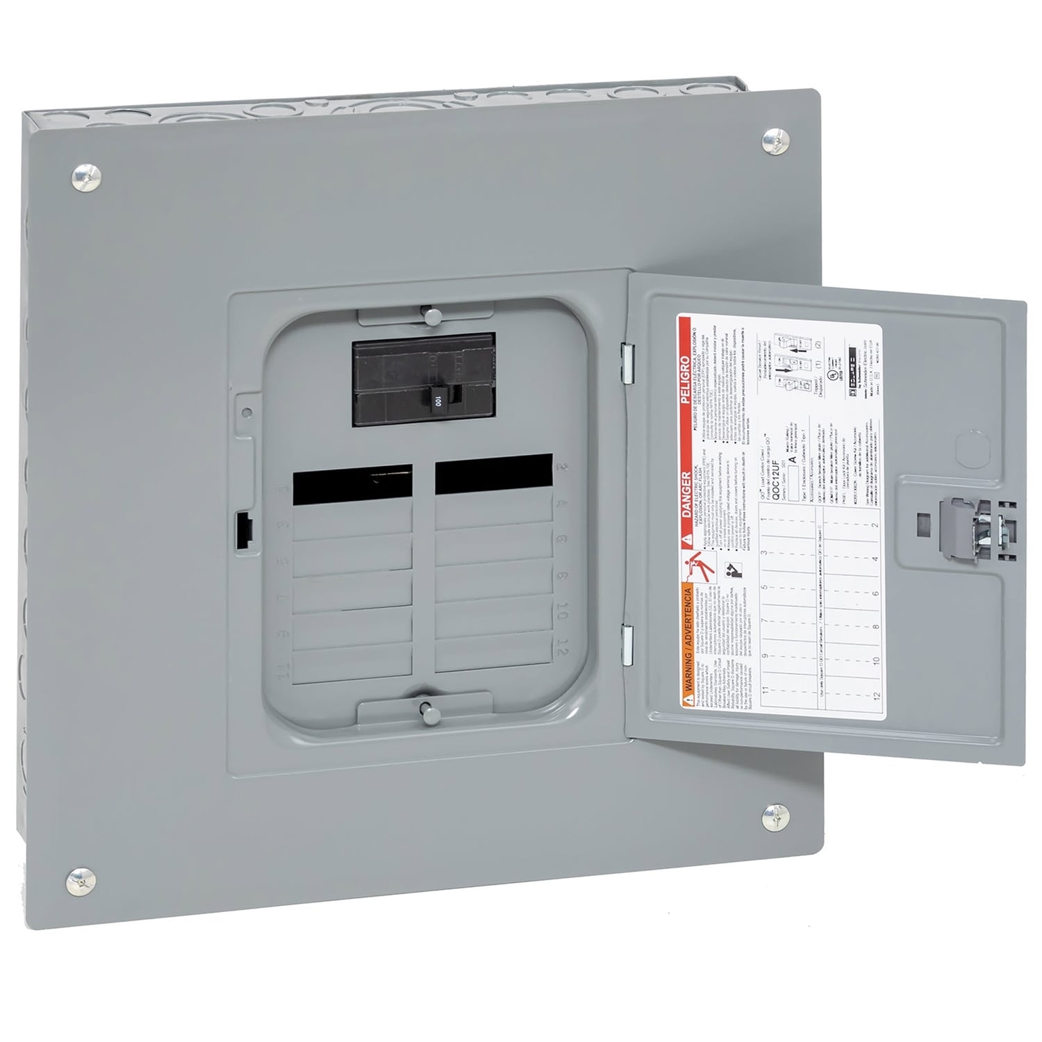 Load center, QO, 1 phase, 12 spaces, 24 circuits, 100A convertible main breaker, PoN, NEMA1, combo cover