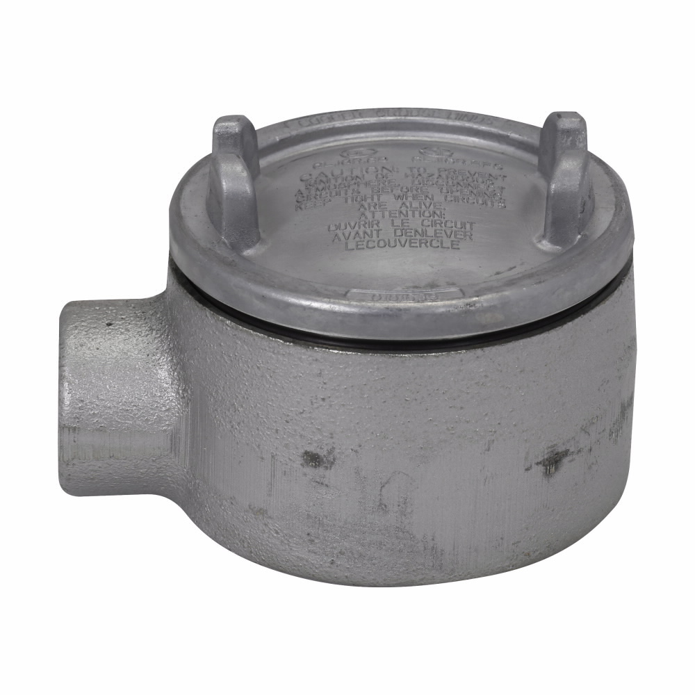 Eaton Crouse-Hinds series Condulet GUA conduit outlet box with cover, 3" cover opening diameter, Feraloy iron alloy, 1/2"