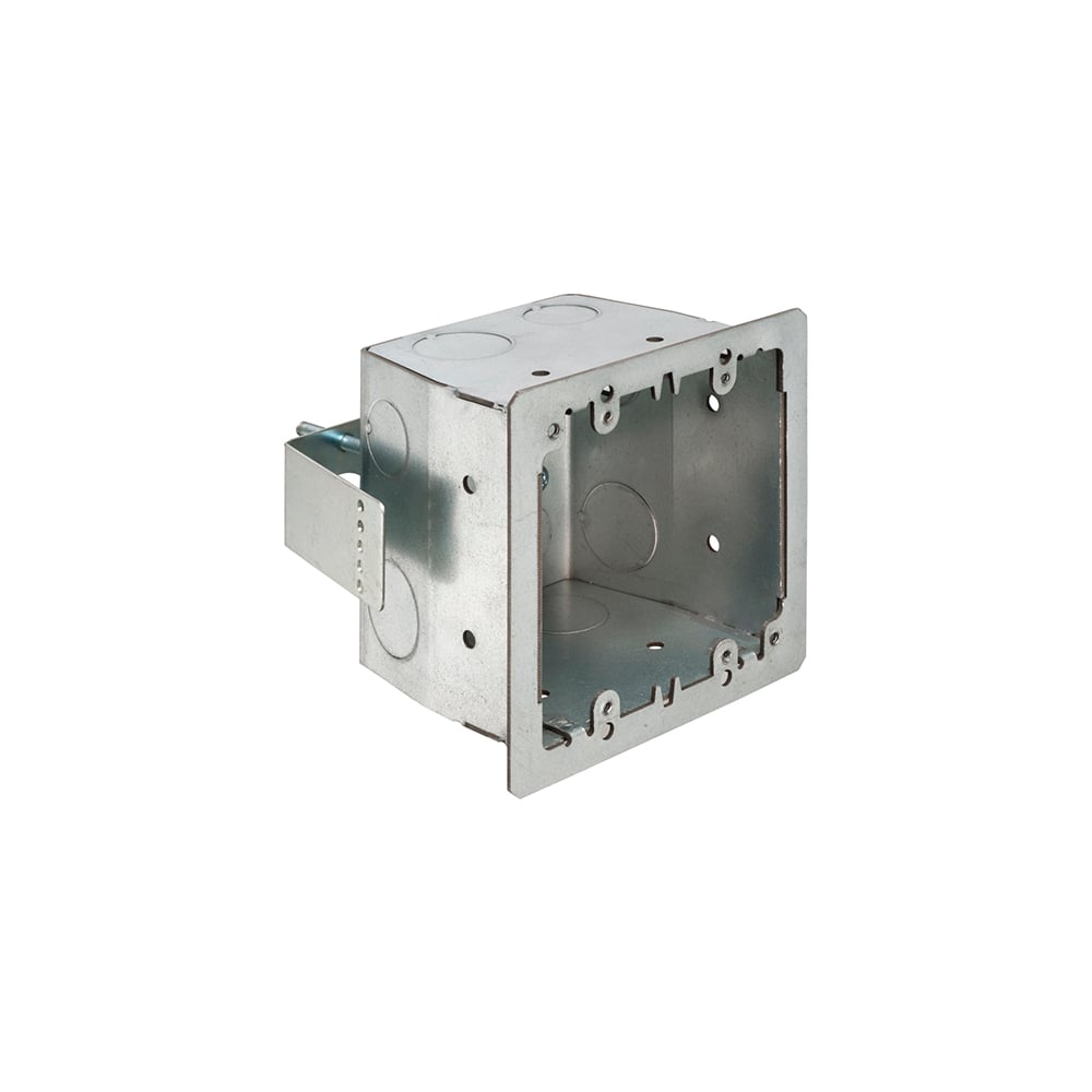 Steel 4x4 box for concrete block walls. 1/2" and 3/4" knockouts. Spring steel clip holds box securely against walls when screws are tightened. Screw hole pattern for 4x4 and two gang devices. 42.3 cu. in.