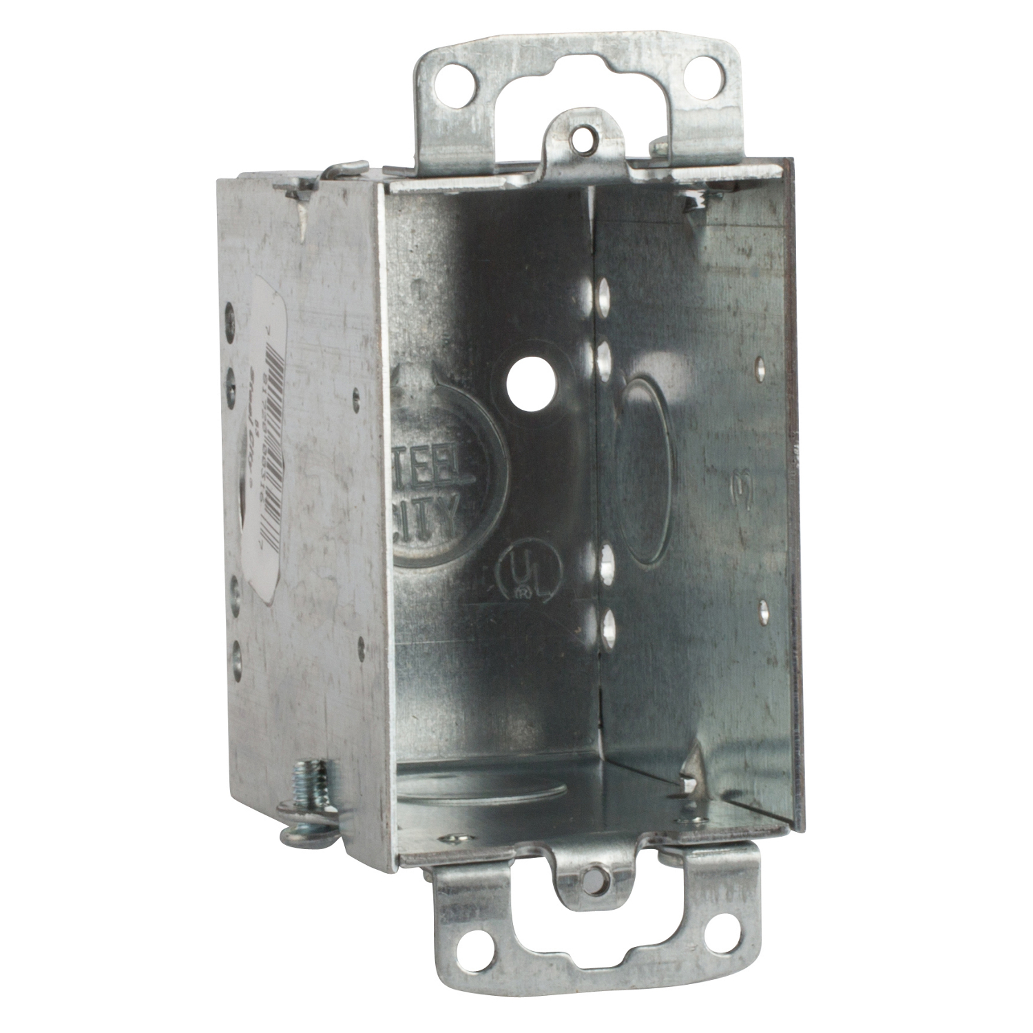 Gangable Switch Box, 14 Cubic Inches, 3 Inches Long x 2 Inches Wide x 2-3/4 Inches Deep, 1/2 Inch Knockouts, Galvanized Steel, Two Nail Holes in Sides, Furnished with Plaster Ears, For use with Conduit