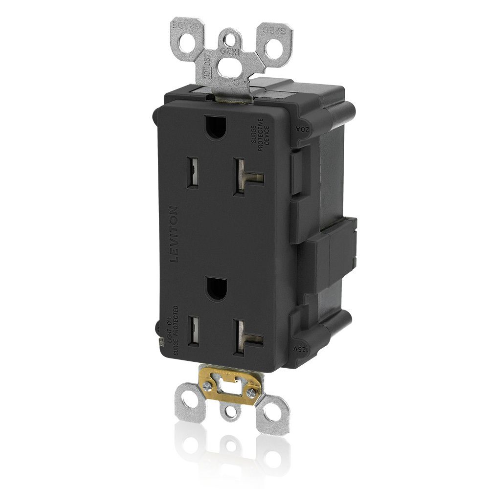 20A, 125V, Lev-Lok Tamper-Resistant Surge Protective Decora Duplex Receptacle, Indicator Light, Non-Alarmed, Commercial Grade - BLACKMating Lev-Lok Wiring Module Required for Use