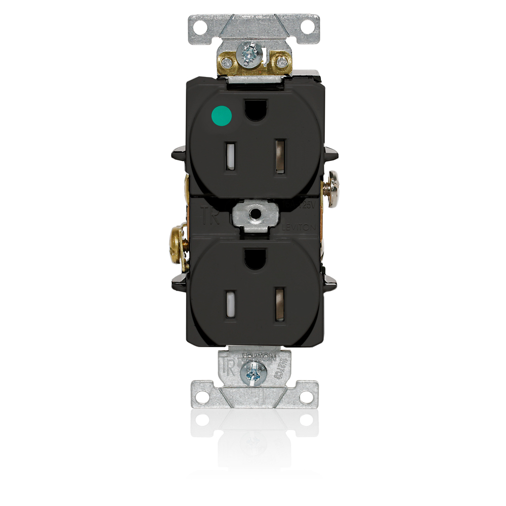Duplex Receptacle, Tamper-resistant, Hospital Grade, 2-Pole 3-Wire Grounding, NEMA 5-15R, 15A-125V, Flat Face, Back And Side Wired, Black. 1-piece Ground-Contractor Pack