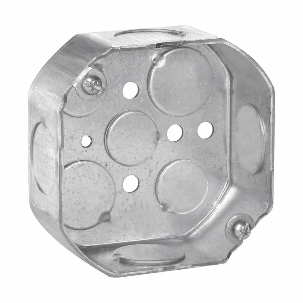 Eaton Crouse-Hinds series Octagon Outlet Box, (3) 1/2", (2) 3/4", 4", Conduit (no clamps), 1-1/2", Steel, (4) 3/4", Fixture rated, 15.5 cubic inch capacity