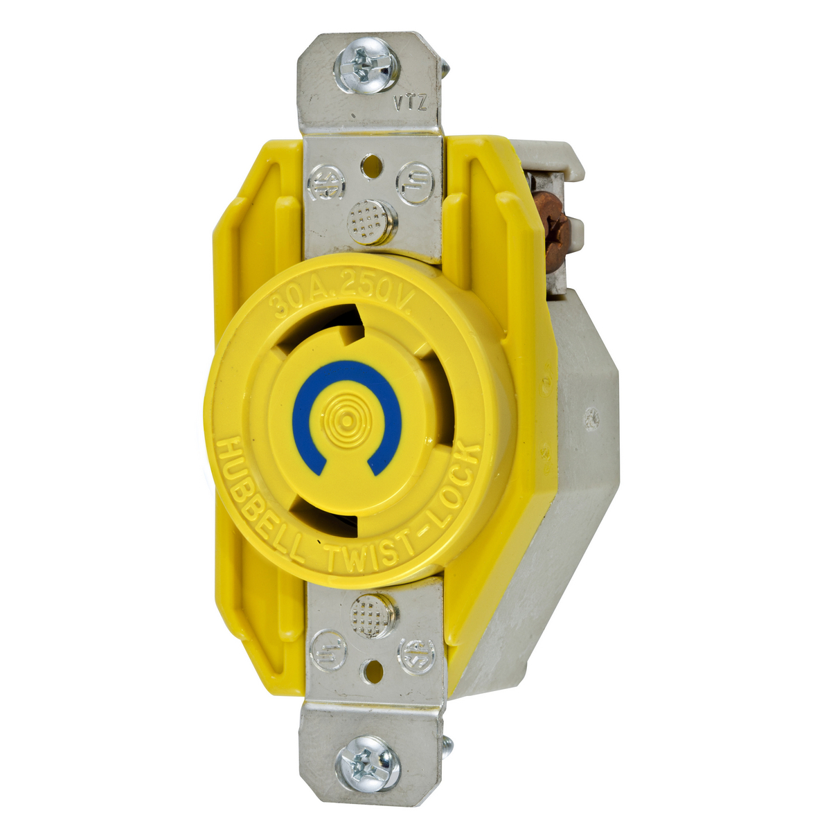 Locking Devices, Twist-Lock, Corrosion Resistant Single Flush Receptacle, 30A, 250V AC, 2 Pole, 3 Wire Grounding, NEMA L6-30R, Yellow nylon