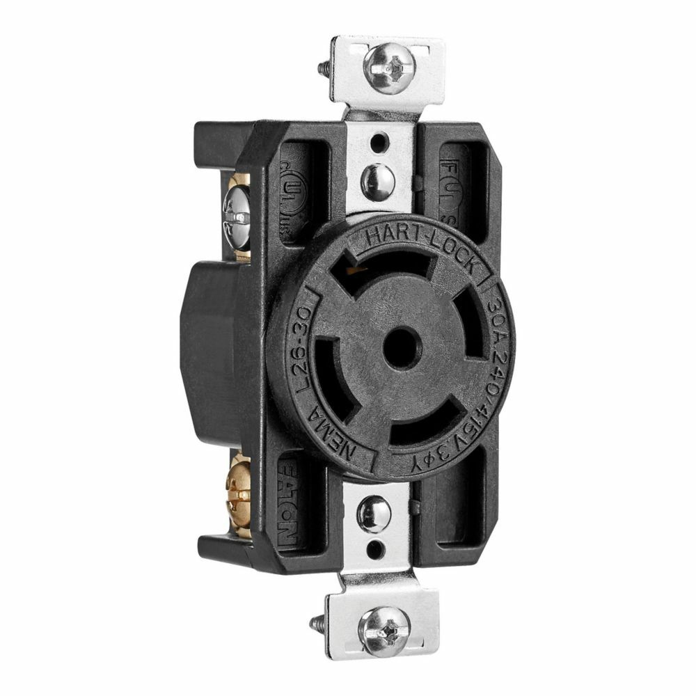 Eaton locking receptacle, #14-8 AWG, 30A, Industrial, 240/415V, Back and side wiring, Black, Brass, Single, L26-30, Four-pole, Five-wire, Glass-filled nylon