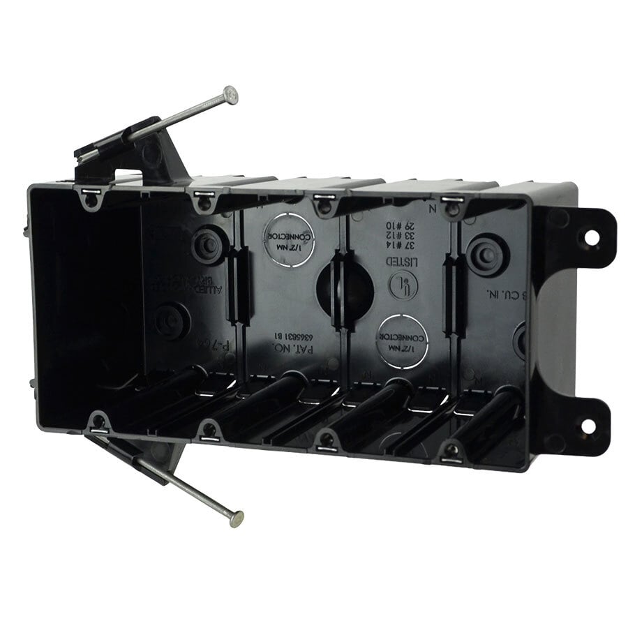 FlexBox; 4-Gang Switch/Receptacle Outlet Box; Angler Mid Nails, 3-1/4 Inch Depth, Thermoplastic, 74.8 Cubic-Inch, Black