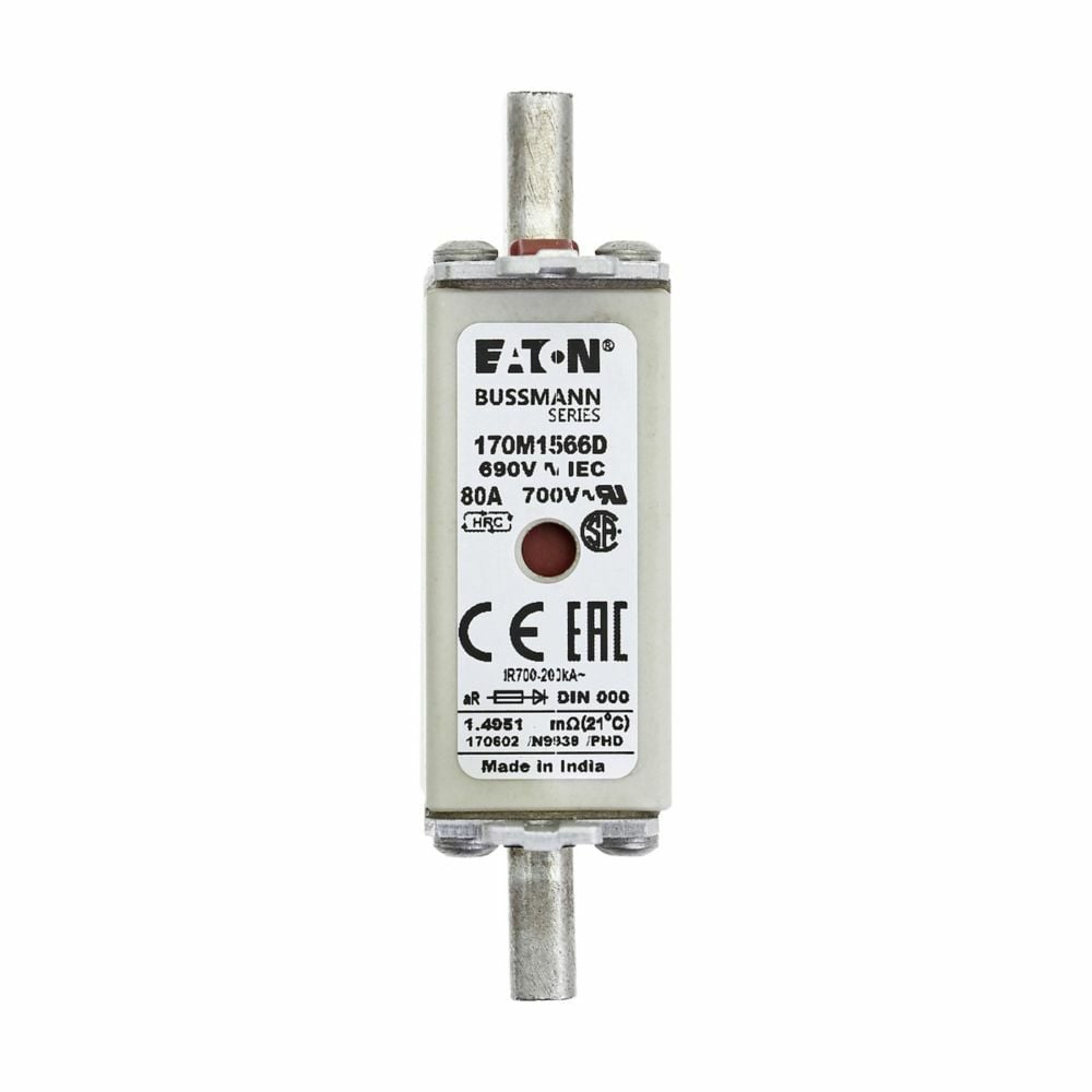 Eaton Bussmann series high speed square body fuse, 690V (IEC), 80A, 200 kAIC, Combination fuse status indicator, Fuse, Din 43-620 blade end X Din 43-620 blade end, Class aR
