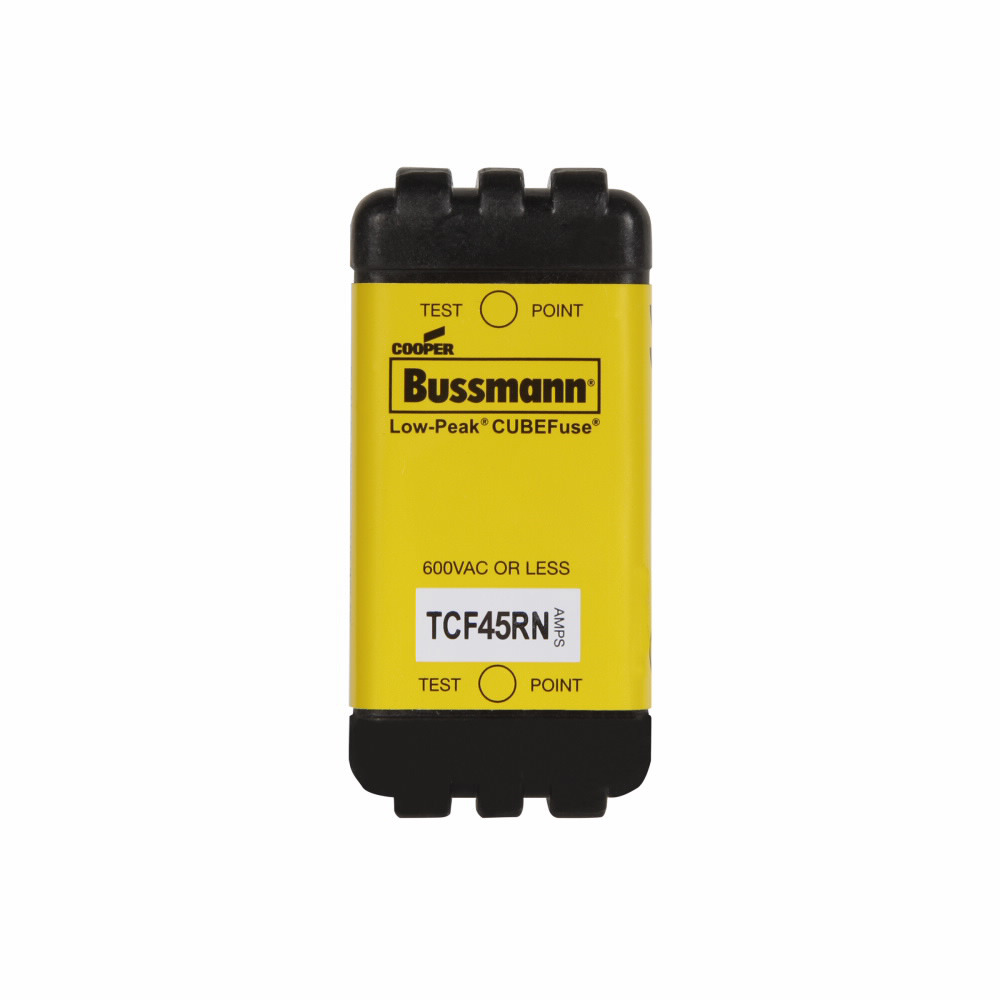 Eaton Bussmann series TCF fuse, 45 A, 60 Hz, 50 Hz, Dual, CF, Black, Non-indicating, Blade end, Time delay,Class CF, 10 sec at 500%, 100 kAIC at 300 Vdc,300 kAIC at 600 V, Glass filled PES, 35 mm DIN rail,Chassis, 600 V, 300 Vdc