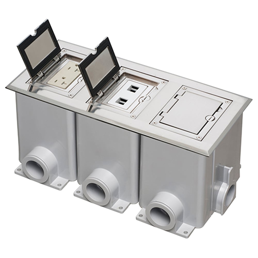 Nickel three gang frame kit with Flip lid cover. Includes (3) 20A decorator style receptacle, (3) gasket, low voltage insert and installation screws. Flip lid cover can be opened in any direction.