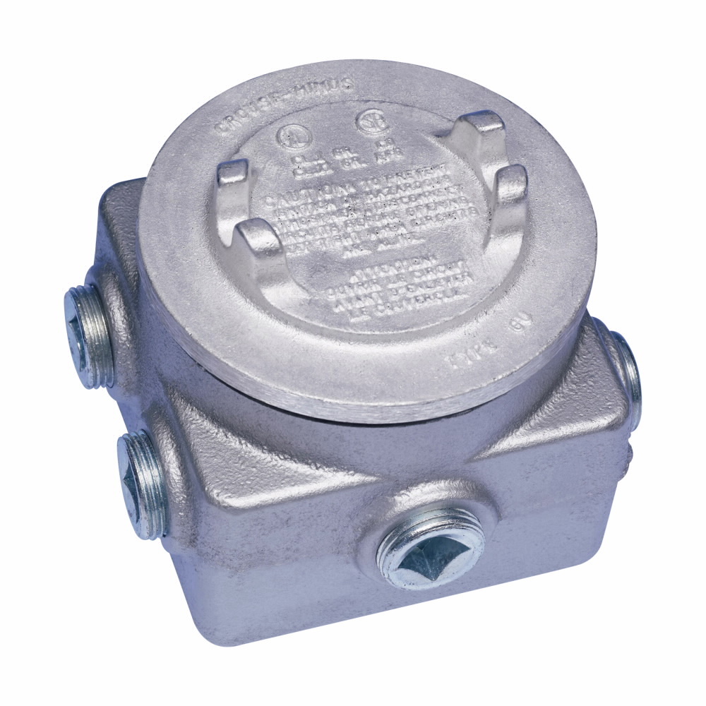 Eaton Crouse-Hinds series GUP junction box, (4) 3/4" back hub, (2) 3/4" bottom hub, Feraloy iron alloy, (1) 3/4" side hub, (2) 3/4" top hub