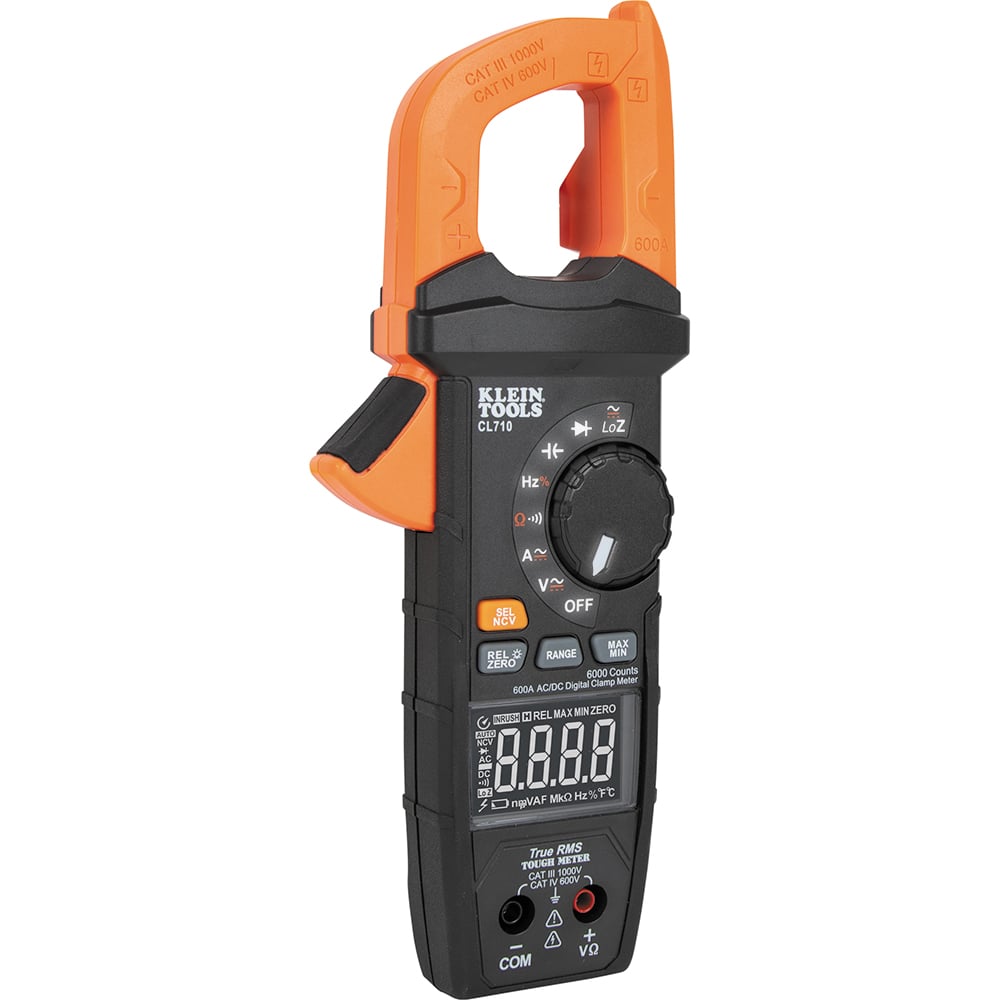 Klein Tools CL710 Clamp Meter delivers accurate measurements across AC/DC current, voltage, resistance, continuity, frequency, and capacitance, all with True RMS precision. It features diode testing and a Low Impedance (LoZ) mode to eliminate ghost voltages. The clamp features NCV detection with escalating audio-visual alerts the closer to the voltage source. The transflective reverse-contrast display and lighted dial ensure visibility in any lighting a reliable tool for diverse applications.