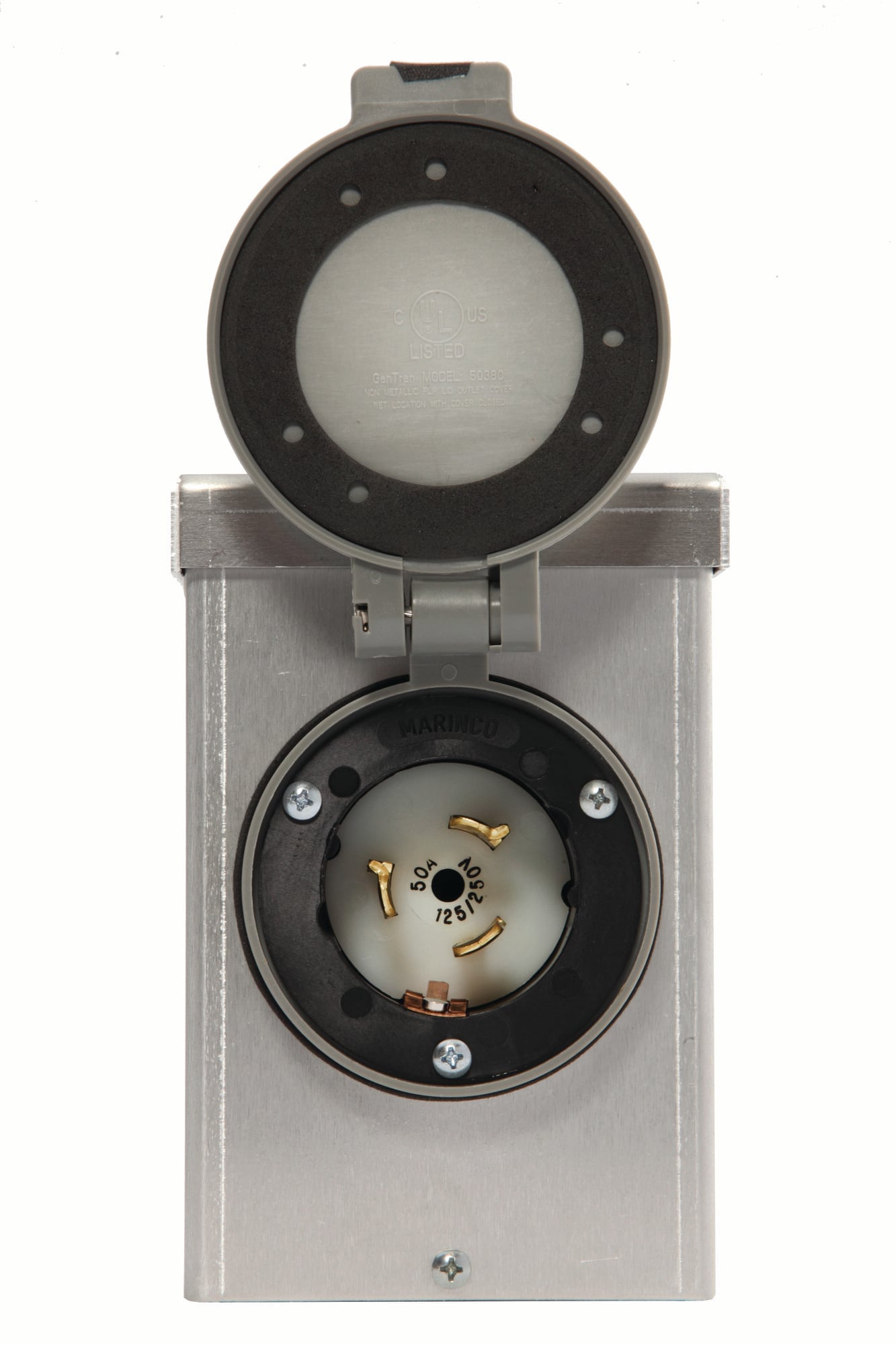 6347 50 Amp Power Inlet Box, 125/250V, aluminum, NEMA CS6365 with spring-loaded flip lid on front