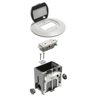 Non Metallic adjustable floor box. White with flip lids. Includes tamper resistant duplex receptacle, cover plate with gasket and Arlington NM94 connector and Arlington NM900 knockout plug.