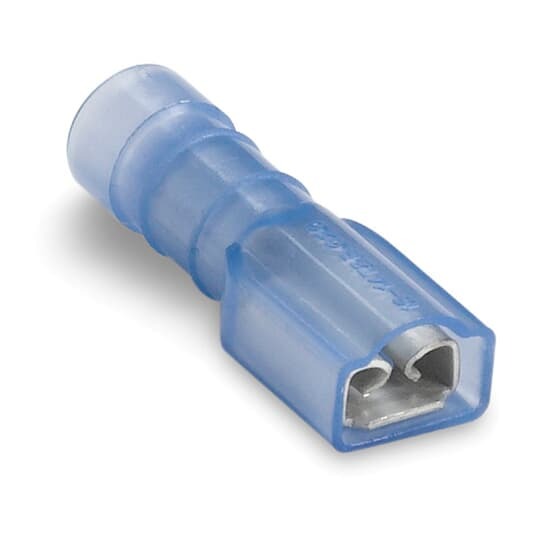 Nylon Fully Insulated Female Disconnect, Length .89 Inches, Width .30 Inches, Maximum Insulation .170, Tab Size .187x.020 Wire Range #16-#14 AWG, Color Blue, Copper, Tin Plated, 1,000 Pack