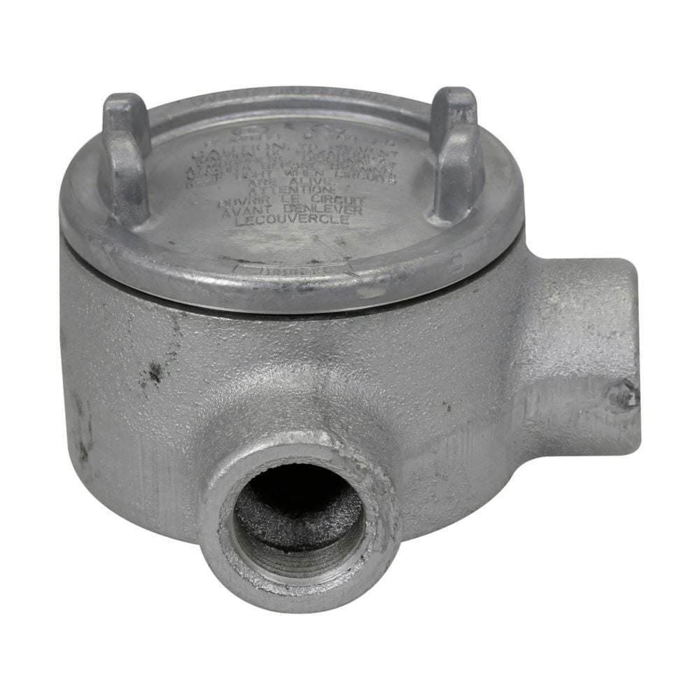 Eaton Crouse-Hinds series Condulet GUA conduit outlet box with cover, 3" cover opening diameter, Feraloy iron alloy, M shape, 1"