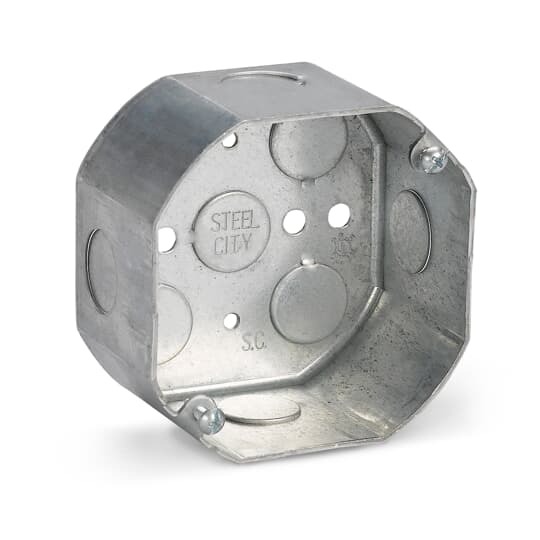 Octagon Box, 22.5 Cubic Inches, 4 Inch Diameter x 2-1/8 Inches Deep, 1/2 Inch Knockouts, Pre-Galvanized Steel, Drawn Construction, For use with Conduit