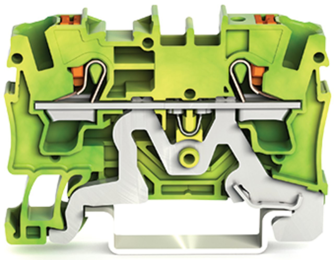 2-conductor ground terminal block; with push-button; 4 mm; with test port; side and center marking; for DIN-rail 35 x 15 and 35 x 7.5; Push-in CAGE CLAMP; 4,00 mm; green-yellow