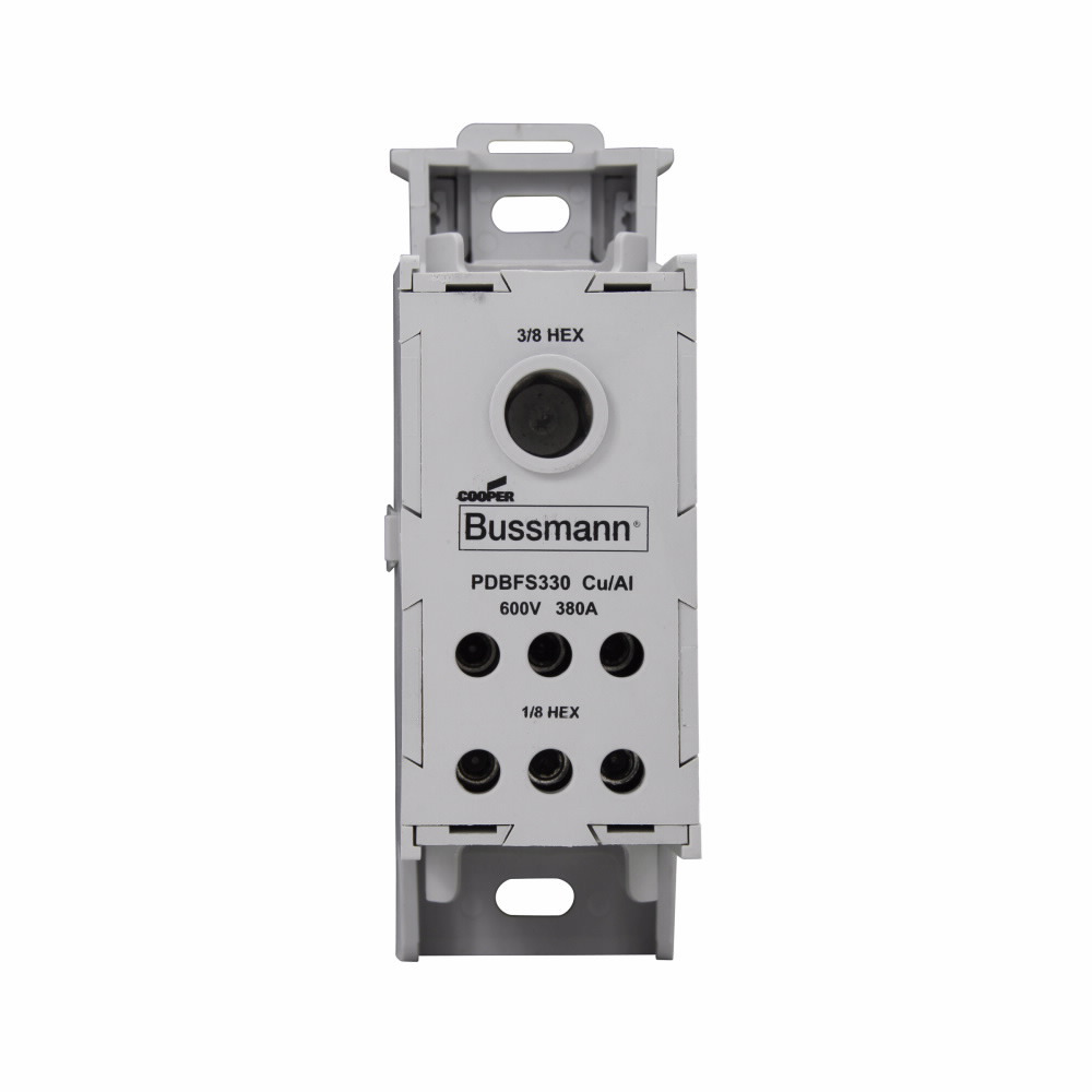 Eaton Bussmann series PDBFS power distribution block, IP-20 Finger-safe, 600 Vac, 600 Vdc, 380A, Power distribution block, SCCR: 200 kA (6 To 2 AWG), 100 kA (14 To 2 AWG), Panel, Tin-plated aluminum connectors