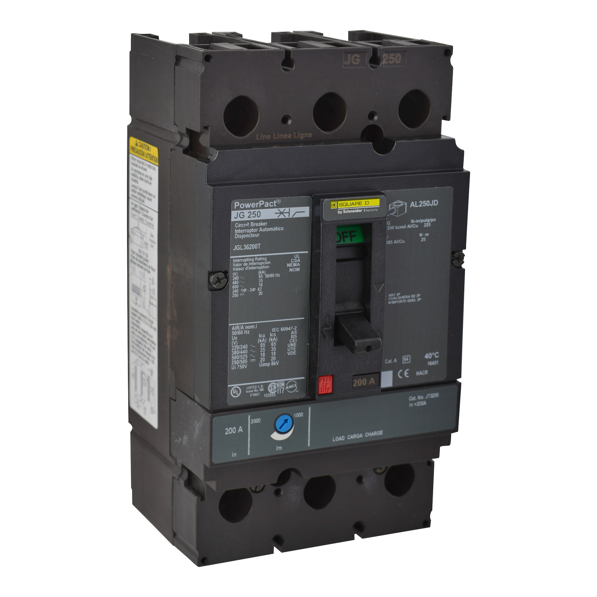 Circuit breaker, PowerPacT J, 200A, 3 pole, 600VAC, 18kA, lugs, thermal magnetic, 80%, interchangeable trip units