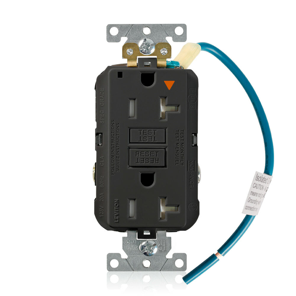 Self-Test, Isolated Ground, Tamper Resistant, Fed-Spec Slim GFCI Receptacle. NEMA 5-20R 20A-125V @ Receptacle, 20A-125V Feed-through, Lighted, Black, W/Black Test And Reset Button, With Mounting Screws, Washers, Instruction Sheets,