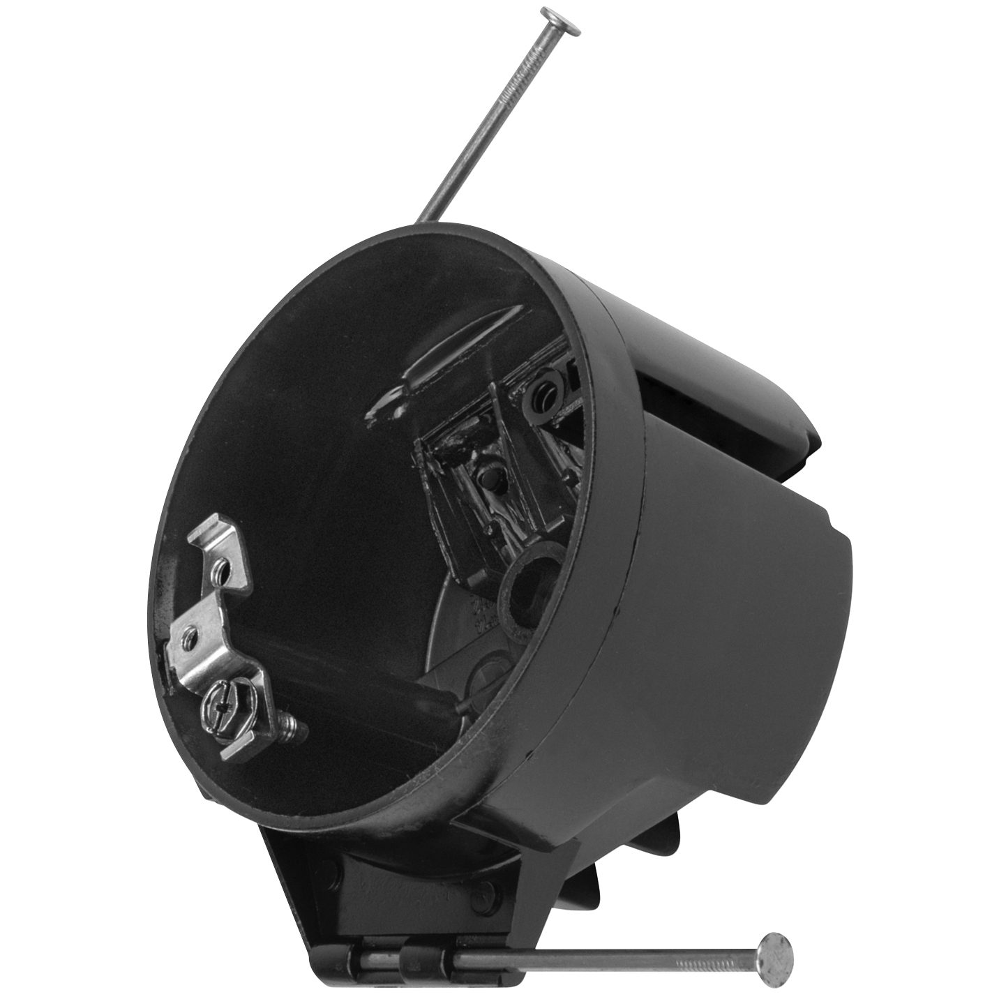 Round Ceiling/Fixture Nail-On Outlet Box, Volume 16 Inches, Diameter 3-1/2 Inches, Depth 2-1/4 Inches, Color Black, Material Polycarbonate, Mounting Means Angled Nails, with Cable Clamps and Ground Plate