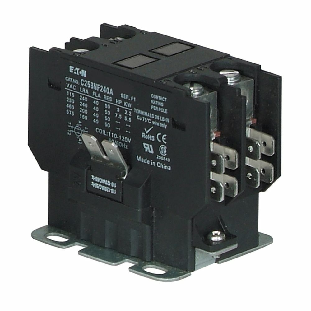 Eaton definite purpose contactor, Quick, 30A, 24 Vac, 50/60 Hz, Open with metal mounting plate, Compact, two-pole, 30A, Contactor, Two-pole, 40A, Box lugs (posidrive setscrew) and quick connect terminals (side-by-side), Non-reversing