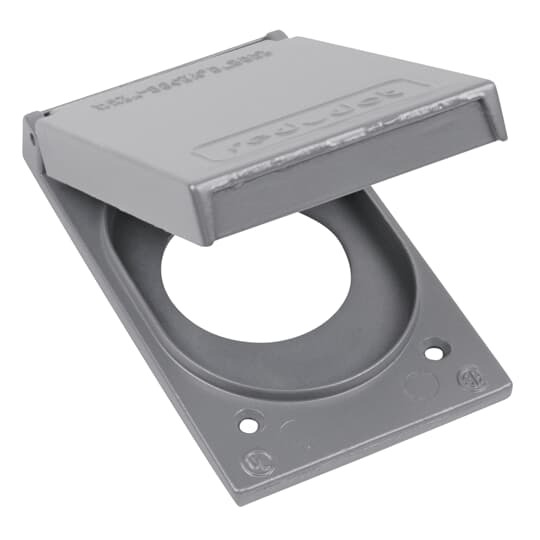 1 Gang Device Box Cover, Die Cast Aluminum, Single Receptacle Vertical, Box Mount, Nominal Size 1-9/16 Inch, Maximum Device Face Diameter 1.600 Inch, Gasket and Screws Included with Cover