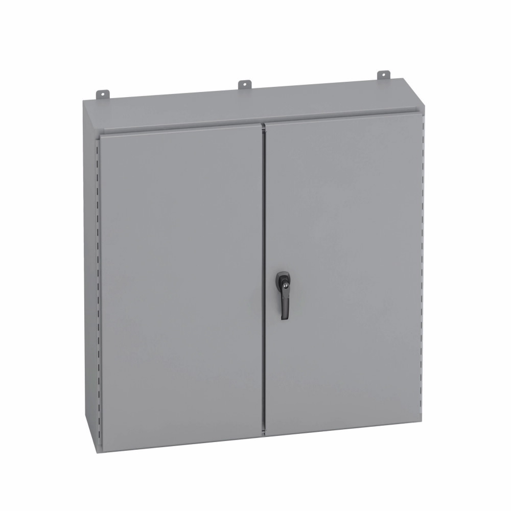 Eaton B-Line series wall mounted panel enclosure, 30" height, 10" length, 48" width, NEMA 12, Hinged cover, 12D enclosure, Wall mount, Medium double door, External mounting feet, Carbon steel, Oil-resistant gasket