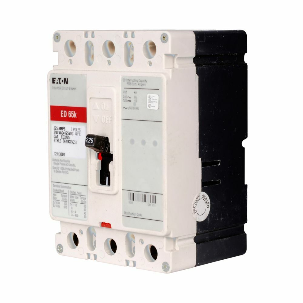Eaton Series C complete molded case circuit breaker, F-frame, ED, Complete breaker, Fixed thermal, fixed magnetic trip type, Three-pole, 20A, 240 Vac, 125 Vdc, 65 kAIC at 240 Vac, Load side, 50/60 Hz