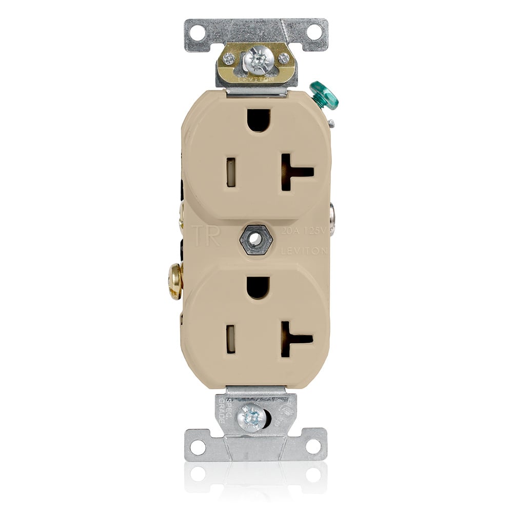 20 Amp, 125 Volt, NEMA 5-20R, 2P, 3W, Tamper Resistant, Narrow Body Duplex Receptacle, Straight Blade, Commercial Grade, Self Grounding, , Back & Side Wired, Steel Strap - IVORY